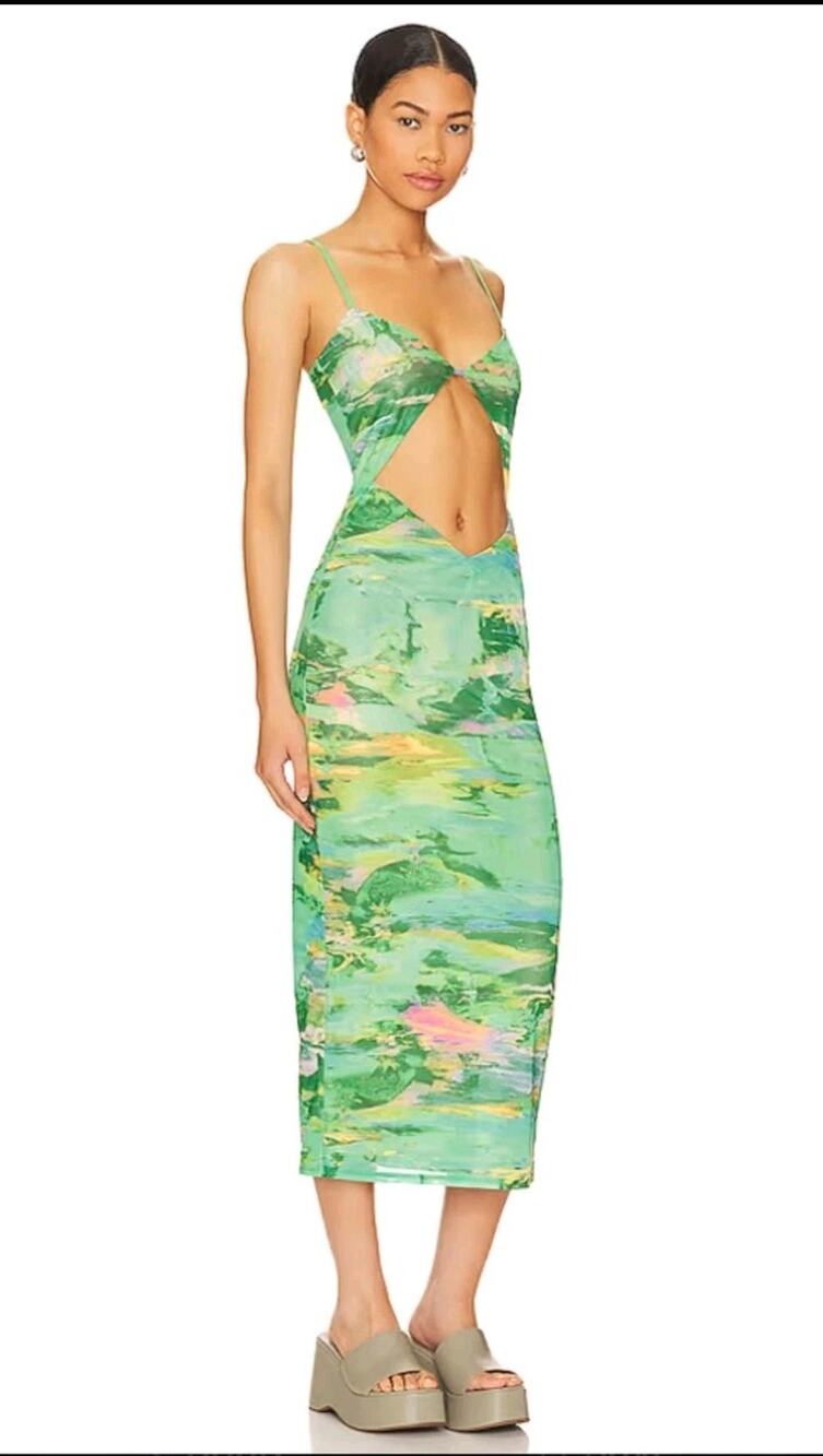 New Revolve AFRM Keefa Midi Dress Watercolor Green Sz L Cutout Bra Tropical